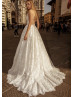 Halter Ivory Lace Low Back Wedding Dress